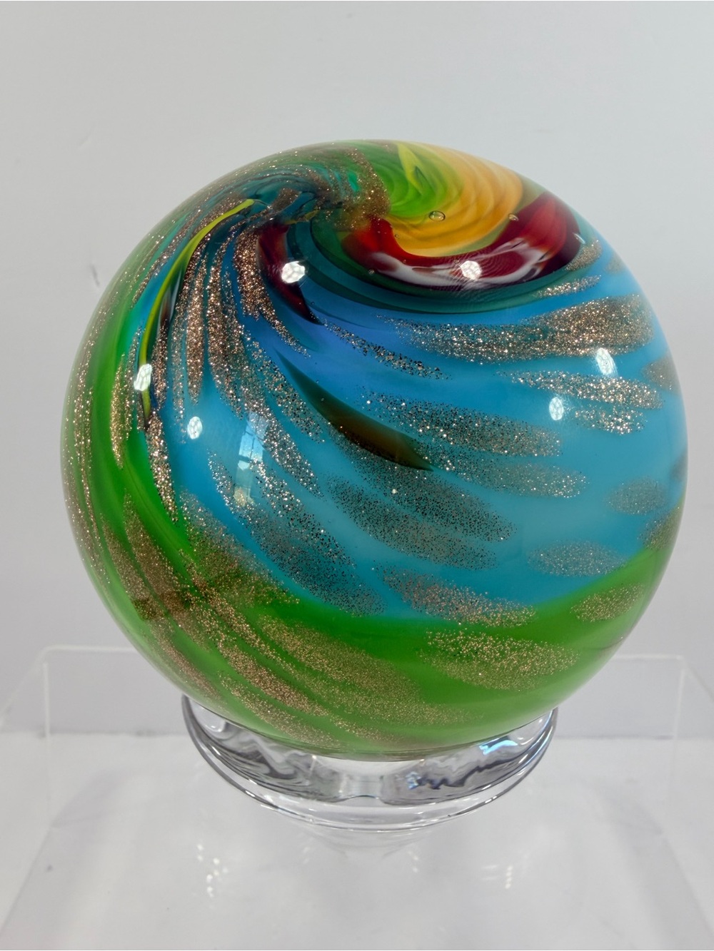 Vintage 4" Murano Style Art Glass Sphere MCM Gold Aventurine Swirl Vortex 14oz
